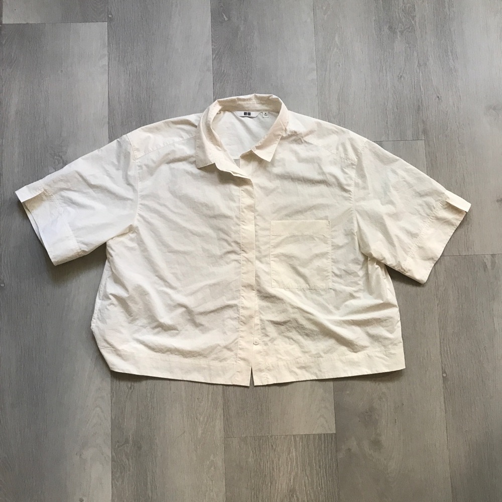 YNIQLO IVORY CAMP SHIRT BUTTON SHORT SLEEVE NYLON BOXY BASIC BLANK TOP XL